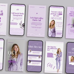 Puede incluir: Una colecci&oacute;n de plantillas de marketing digital en tonos morados y blancos. Las plantillas incluyen texto como "Book a free call", "Full Social Media Management" y "Q&A". Las plantillas est&aacute;n dise&ntilde;adas para redes sociales.