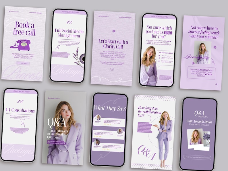 Puede incluir: Una colecci&oacute;n de plantillas de marketing digital en tonos morados y blancos. Las plantillas incluyen texto como "Book a free call", "Full Social Media Management" y "Q&A". Las plantillas est&aacute;n dise&ntilde;adas para redes sociales.