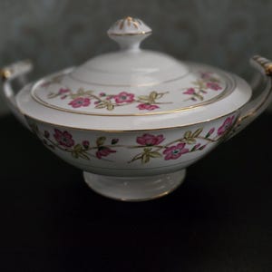 May include: White porcelain sugar bowl with a lid and two handles. The bowl has a floral design with pink flowers and green leaves. The lid has a gold trim.