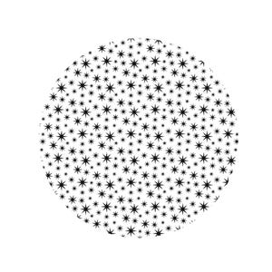May include: A black and white circular design with a repeating pattern of small stars.