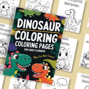 May include: A colorful book cover with the title "Dinosaur Coloring Coloring Pages for Early Learners" and illustrations of dinosaurs. The cover features a green dinosaur with a toothy grin, a red dinosaur with a long neck, and a blue dinosaur with a long tail.