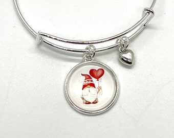 Valentine Charm Bangle Bracelet for her, Gnome Heart Bangle Bracelet, Love Charm Bracelet, Gift for Her, Gift for Wife, Gift for Girlfriend