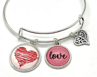 Valentine Heart Charm Bangle Bracelet, Personalized Charm Bracelet, Custom Valentine Bracelet, Love Charm Bracelet, Gift for Her