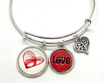 Valentine Heart Charm Bangle Bracelet, Personalized Charm Bracelet, Custom Valentine Bracelet, Love Charm Bracelet, Gift for Her