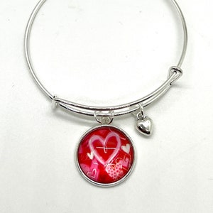 Valentine Charm Bangle Bracelet for her, Love Charm Bracelet, Heart Charm, Filigree Heart Charm Bracelet, Gift for Wife, Gift for Her