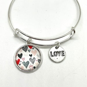 Valentine Heart Charm Bangle Bracelet, Love Charm Bracelet, Filigree Heart Charm Bracelet, Gift for Mom, Gift for Wife, Gift for Her