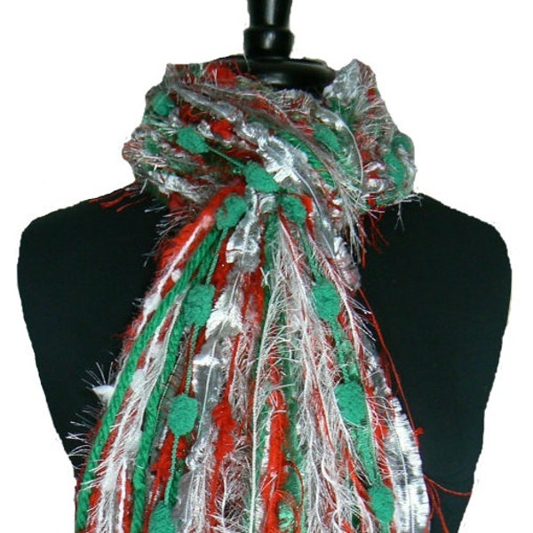 Christmas Scarf, Fringe Scarf, Holiday Party Scarf, Lightweight Colorful Scarf, Knotted Yarn Scarf, Ugly Sweater Scarf, Christmas Party