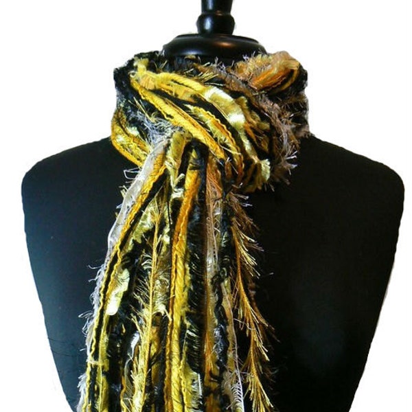 Game Day Scarf, College colors Scarf - Black, White and Yellow Gold, School Colors scarf, scarf necklace, scarf for women, boho scarves