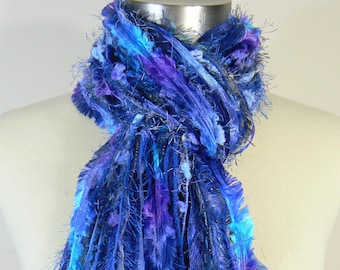 Upcycled Yarn Scarf, Fall Scarf, Scarf Necklace, Fashion Scarf, Knotted Fashion Scarf Fringe Scarves - Deep Blue Sea