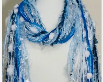 Shades of Winter - Fringe Scarf, Knotted Scarf, Upcycled Yarn Scarf, Scarf Necklace, blues, white and a touch of silver