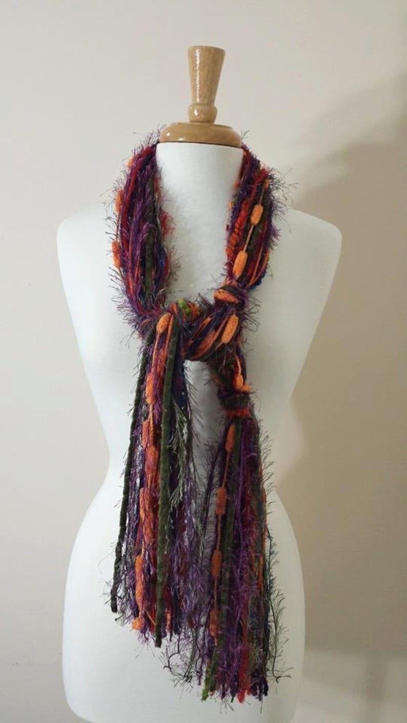 BEST SELLER Scarf Necklace, Knotted Fringe Scarves, Upcycled Yarn Scarf, Boho Scarf, Fall Colors