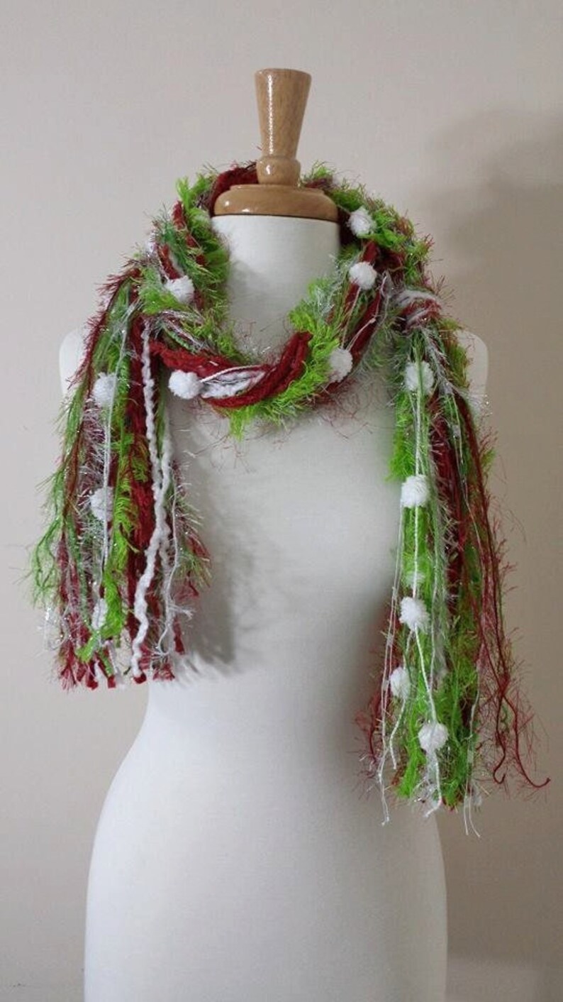 BEST SELLER Christmas Scarf, The Grinchie, Necklace Scarf, Knotted Scarf, Fringe Scarf, Lime and Red Scarf, Scarf for Christmas Party image 2