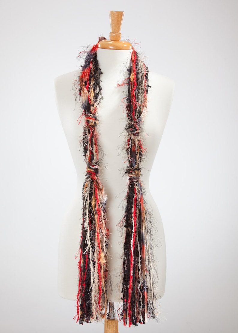 Necklace Scarf, Boho Scarf, Fringe Upcycled Yarn, Knotted Fringe Scarf Class Act Black, Red, Tan