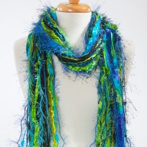 Scarf Necklace, Upcycled Yarn Scarf, Knotted Scarf, Fringe Scarves Peacock Shades of Black, Turquoise, Blue and Lime Green image 1