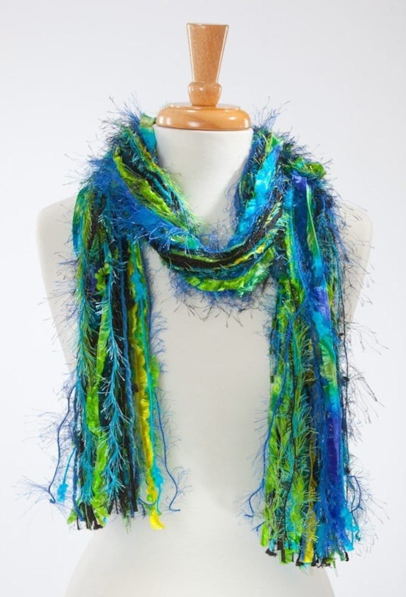 Scarf Necklace, Upcycled Yarn Scarf, Knotted Scarf, Fringe Scarves Peacock Shades of Black, Turquoise, Blue and Lime Green image 1