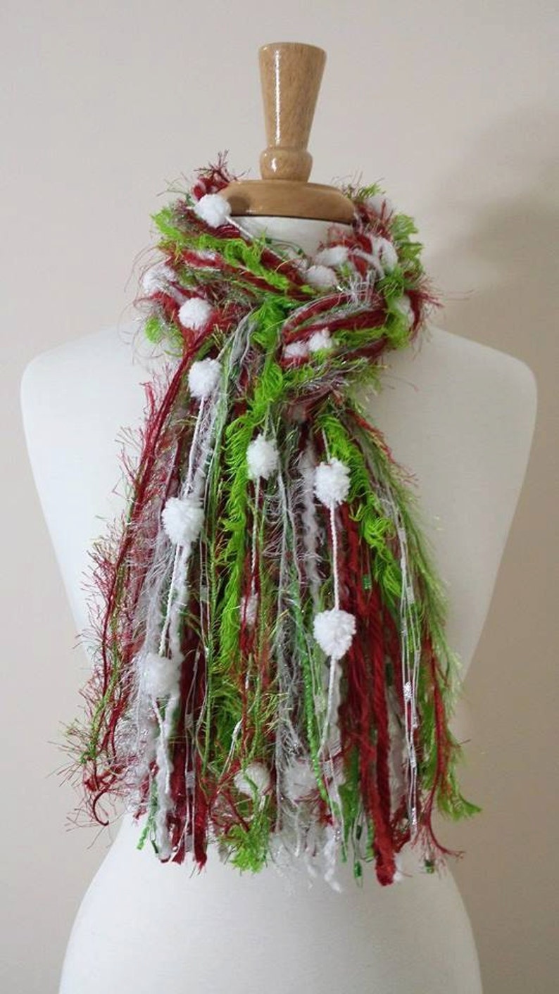 BEST SELLER Christmas Scarf, The Grinchie, Necklace Scarf, Knotted Scarf, Fringe Scarf, Lime and Red Scarf, Scarf for Christmas Party image 5