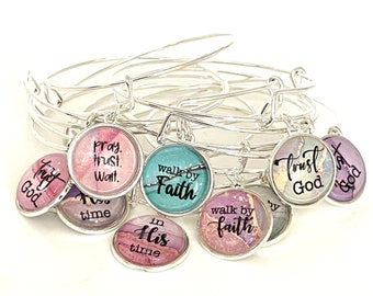 Religious Sayings Bangle Bracelet, Uplifting Charm Bracelet, Choose Your Charm, Personalized Charm Bracelet, Gift for Mom, Gift for her