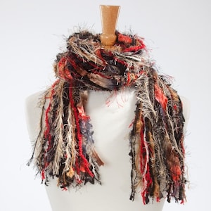Necklace Scarf, Boho Scarf, Fringe Upcycled Yarn, Knotted Fringe Scarf - Class Act - Black, Red, Tan and Cream, Scarves for women