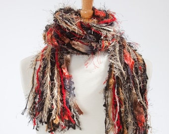 Necklace Scarf, Boho Scarf, Fringe Upcycled Yarn, Knotted Fringe Scarf - Class Act - Black, Red, Tan and Cream, Scarves for women