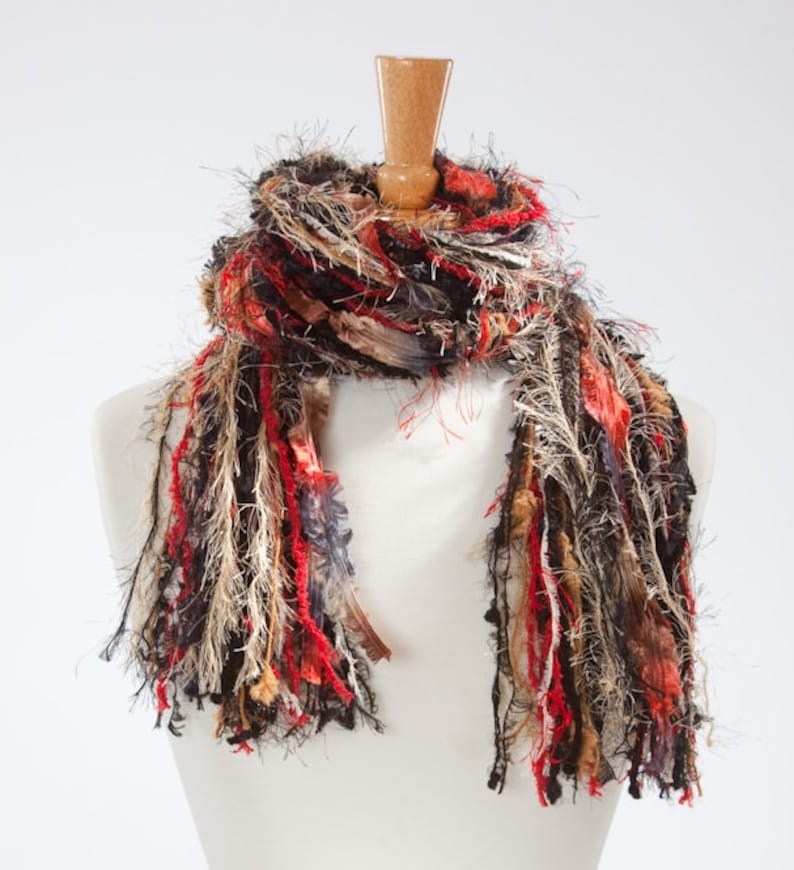 Necklace Scarf, Boho Scarf, Fringe Upcycled Yarn, Knotted Fringe Scarf Class Act Black, Red, Tan