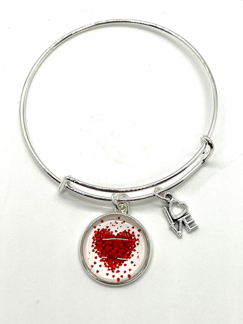 Valentine Charm Bangle Bracelet for her, Love Charm Bracelet, Gift for Wife, Gift for Her, Heart Charm Bracelet image 1