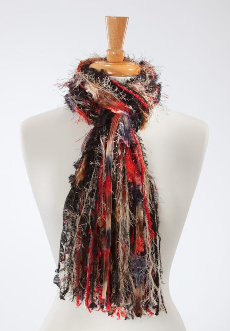 Necklace Scarf, Boho Scarf, Fringe Upcycled Yarn, Knotted Fringe Scarf Class Act Black, Red, Tan