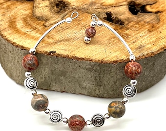 Gemstone Bracelet with Vortex Swirl Silver Accents and Memory Wire Base