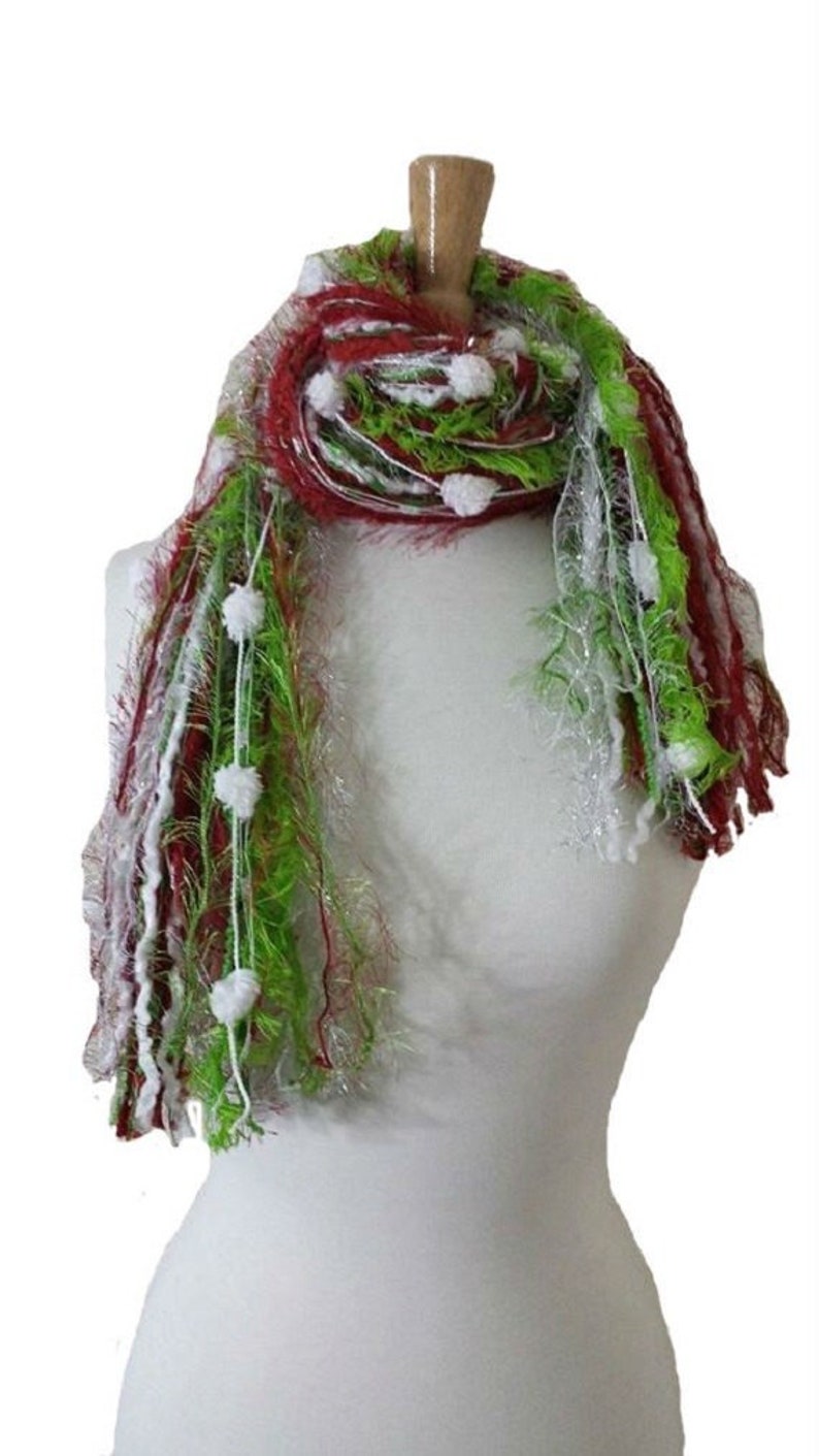 BEST SELLER Christmas Scarf, The Grinchie, Necklace Scarf, Knotted Scarf, Fringe Scarf, Lime and Red Scarf, Scarf for Christmas Party image 1