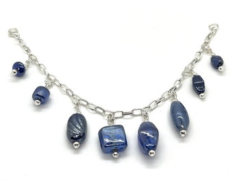 Blue Carnival Glass Charm Bracelet with Lobster Claw Clasp - One of a Kind