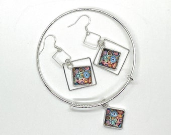 Sterling Silver Paper Bead Earrings and Bangle Charm Bracelet Set, Gift Set, Dangle Earrings, Drop Earrings, Boho Earrings, Gift for Stepmom