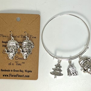 Silver Vintage Santa Claus Earrings and Bangle Charm Bracelet Set image 1