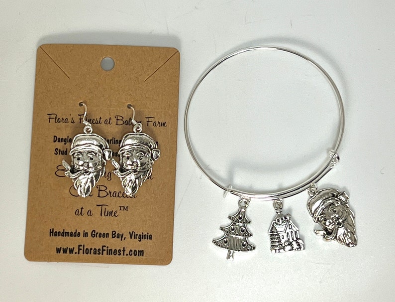 Silver Vintage Santa Claus Earrings and Bangle Charm Bracelet Set image 1