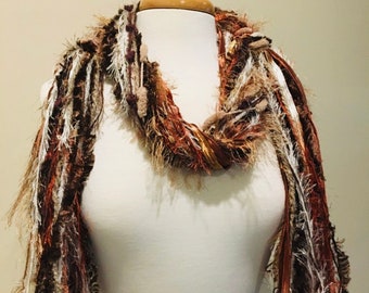Fringe Knotted Scarf, Rust Copper Ivory, Boho Fall Fashion