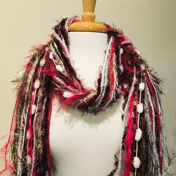 Scarf Necklace, Upcycled Yarn Scarf, Fringe Scarf Womens Knotted Scarves - Green, Raspberry, Wine, Brown and Cream