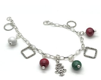 Christmas Tree Charm Bracelet w/Wood Beads, Bangle Bracelet, Winter Bracelet, Gift for Sister, Stocking Stuffer, Gift for Mom