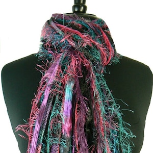 Downtown Diva - Scarf Necklace, Upcycled Yarn Scarf, Knotted Fringe Scarf,  Fashion Scarves Womens Scarfs - Black, Teal, Purple, Fuschia
