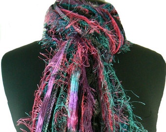 Downtown Diva - Scarf Necklace, Upcycled Yarn Scarf, Knotted Fringe Scarf,  Fashion Scarves Womens Scarfs - Black, Teal, Purple, Fuschia