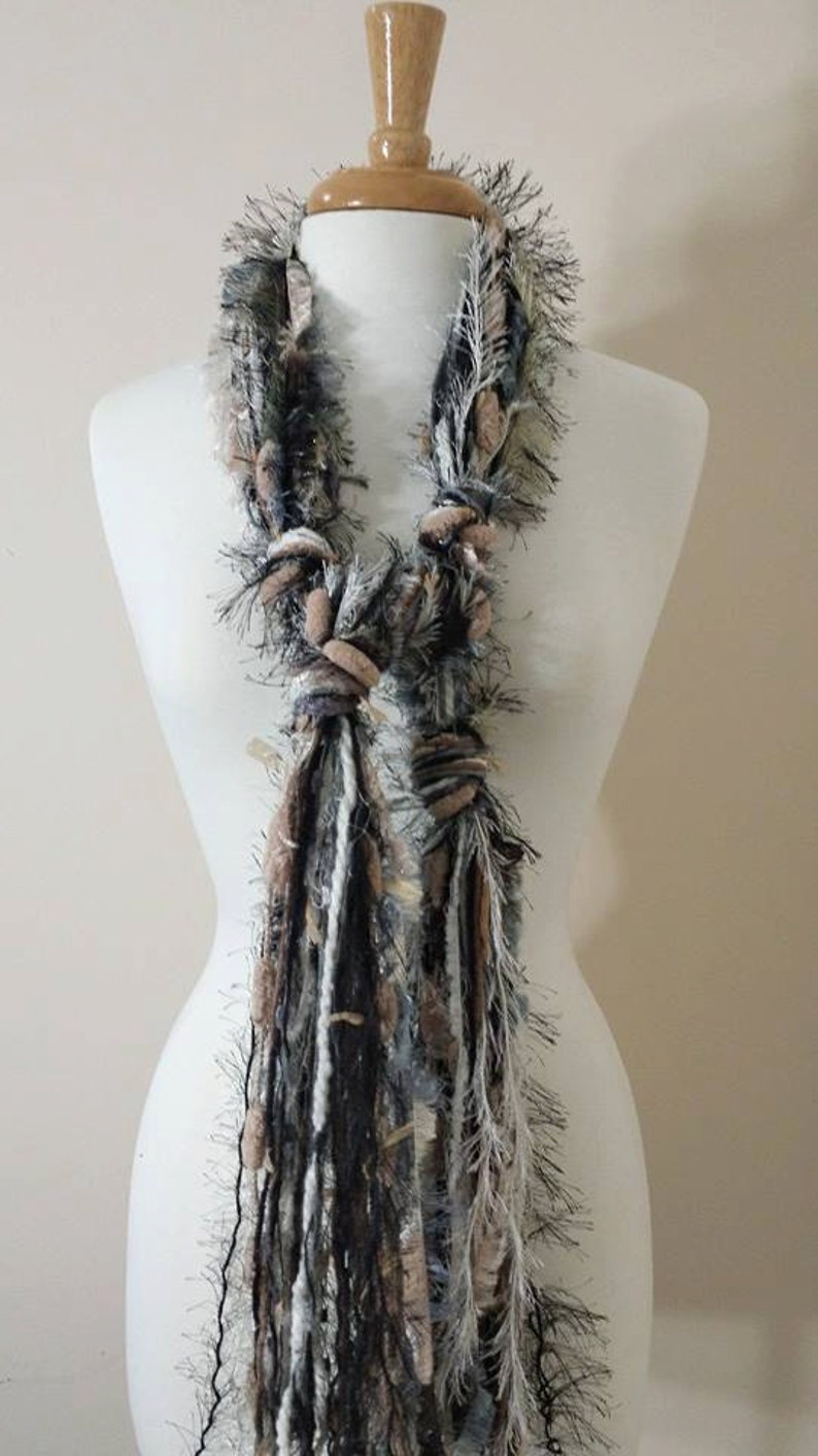 BEST SELLER Scarf Necklace, Fringe Scarf, Upcycled Yarn Scarf Safari Escape Knotted Scarf All Fringe Scarves Womens Scarf image 3