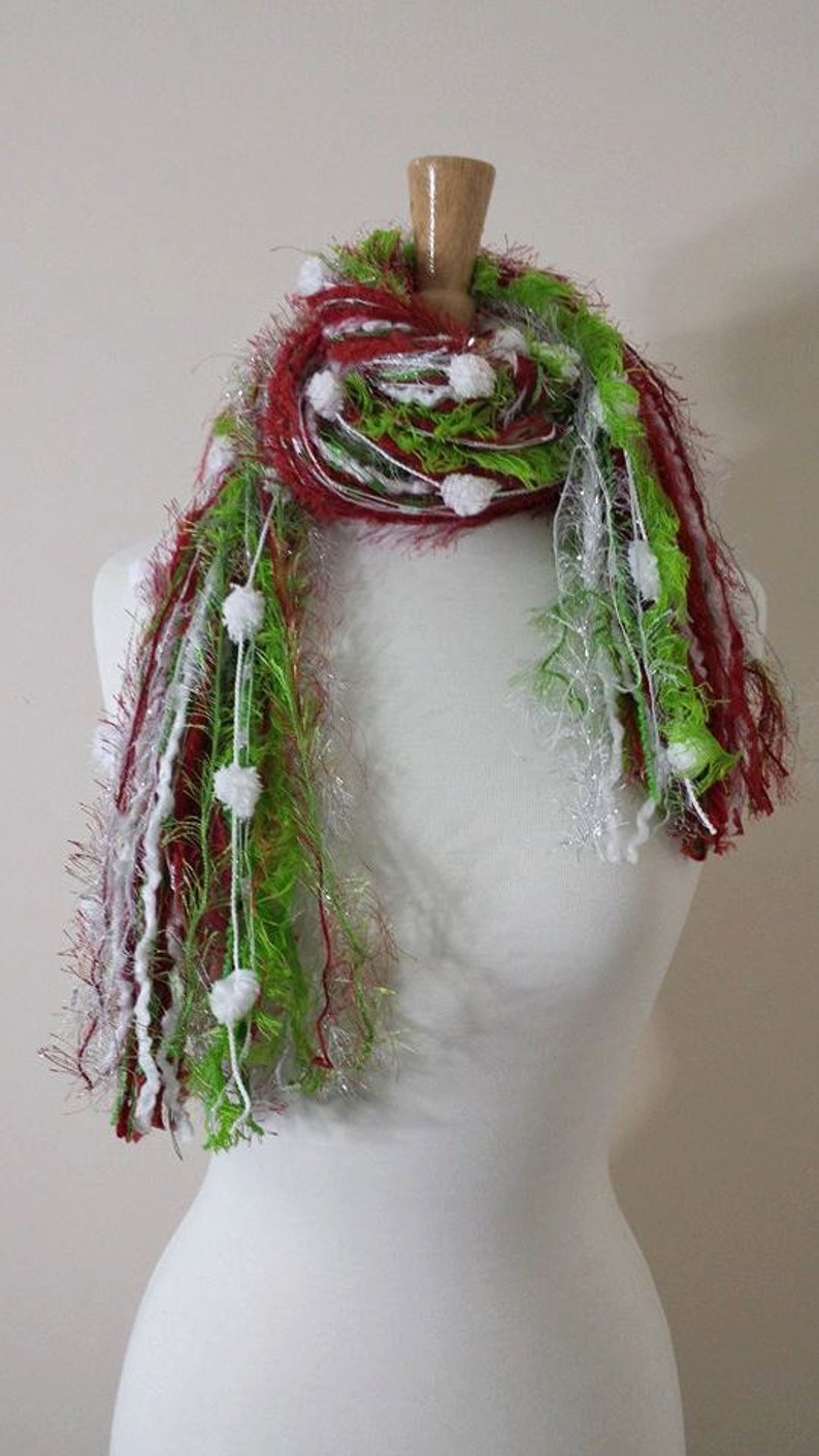 BEST SELLER Christmas Scarf, The Grinchie, Necklace Scarf, Knotted Scarf, Fringe Scarf, Lime and Red Scarf, Scarf for Christmas Party image 3