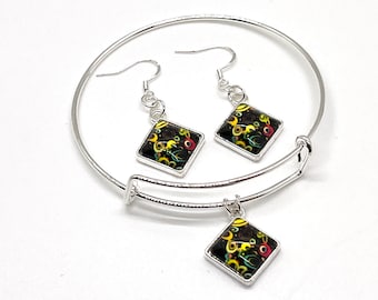 Sterling Silver Paper Bead Jewelry Set, Handmade Dangle Earrings, Bangle Bracelet