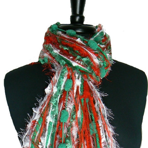 Christmas Fringe Knotted Scarf in red, green and white, Scarf Necklace, Christmas scarf for women, Scarf for Christmas party