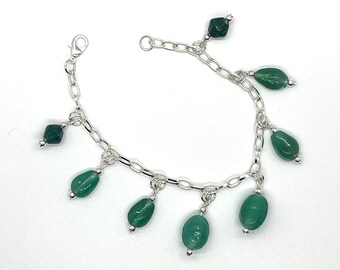 Teal Green Glass Bead Charm Bracelet with Lobster Claw Clasp - One of a Kind