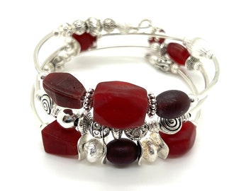 Red Sea Glass Triple Wrap Bracelet with Silver Accent Beads - One of a Kind