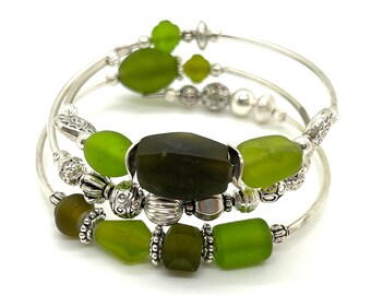 Green Sea Glass Triple Wrap Bracelet with Silver Accent Beads - One of a Kind