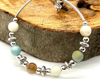 Gemstone Bracelet with Silver Saucer Beads and a Memory Wire Base