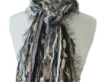 BEST SELLER Scarf Necklace, Fringe Scarf, Upcycled Yarn Scarf - Safari Escape - Knotted Scarf All Fringe Scarves Womens Scarf