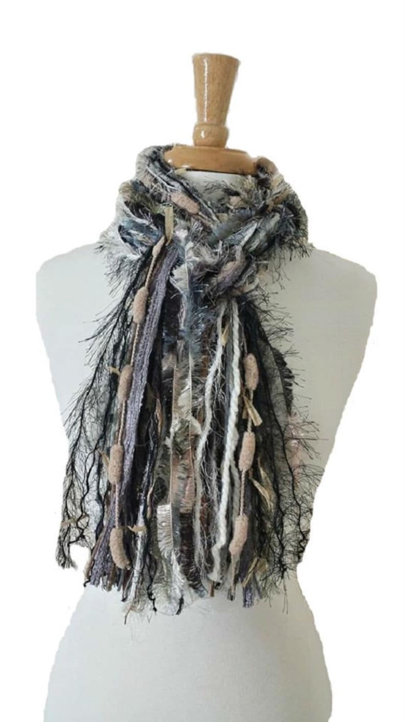 BEST SELLER Scarf Necklace, Fringe Scarf, Upcycled Yarn Scarf Safari Escape Knotted Scarf All Fringe Scarves Womens Scarf image 1