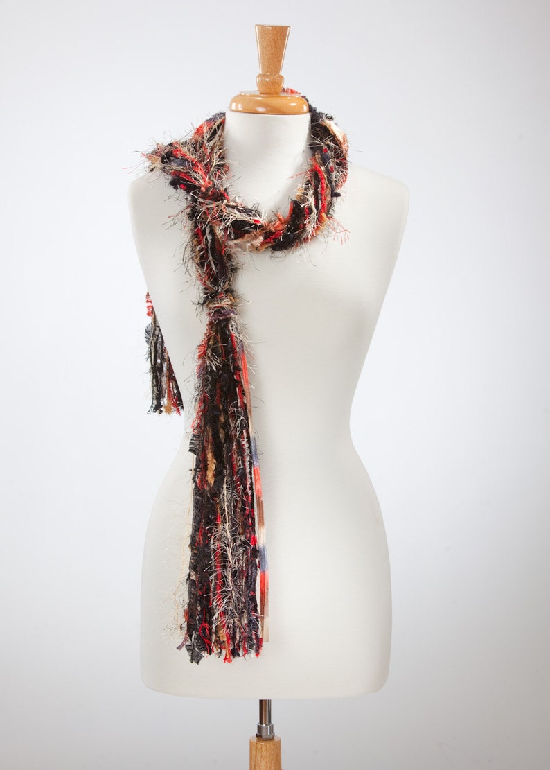 Necklace Scarf, Boho Scarf, Fringe Upcycled Yarn, Knotted Fringe Scarf Class Act Black, Red, Tan