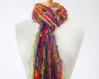 Scarf Necklace, Upcycled Yarn Scarf, Knotted Fringe Scarf Fringe Scarves - Parrot - Shades of Blue, Red, Orange, Green and Purple