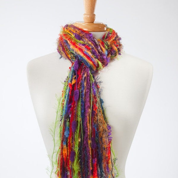 Scarf Necklace, Upcycled Yarn Scarf, Knotted Fringe Scarf Fringe Scarves - Parrot - Shades of Blue, Red, Orange, Green and Purple